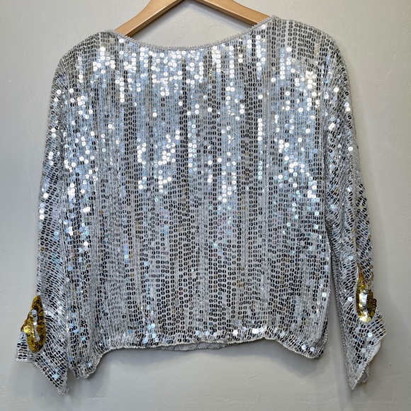 VTG Sequin Gold Hearts Beaded Embellished Disco Chic Valentine Glam Retro Blouse - Picture 4 of 16